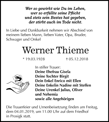 Traueranzeige von Werner Thieme von Mitteldeutsche Zeitung Köthen