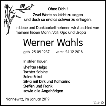 Traueranzeige von Werner Wahls von Mitteldeutsche Zeitung Zeitz