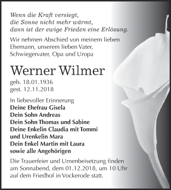 Traueranzeige von Werner Wilmer von Super Sonntag Wittenberg