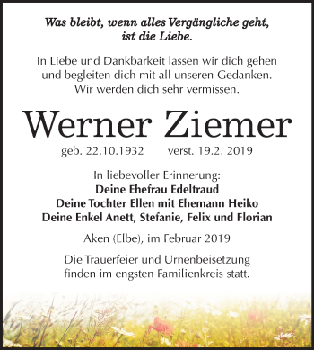 Traueranzeige von Werner Ziemer von Mitteldeutsche Zeitung Köthen