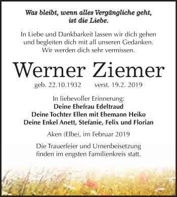 Traueranzeige von Werner Ziemer von WVG - Wochenspiegel Dessau / Köthen