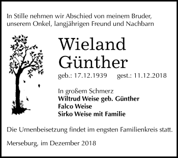Traueranzeige von Wieland Günther von WVG - Wochenspiegel Merseburg