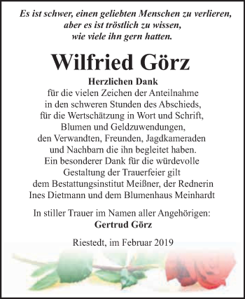 Traueranzeige von Wilfried Görz von Super Sonntag SGH Mansf. Land