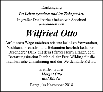 Traueranzeige von Wilfried Otto von Super Sonntag SGH Mansf. Land