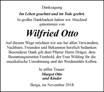 Traueranzeige von Wilfried Otto von Mitteldeutsche Zeitung Sangerhausen
