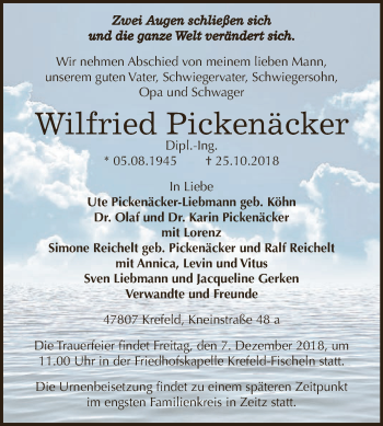 Traueranzeige von Wilfried Pickenäcker von Super Sonntag Zeitz