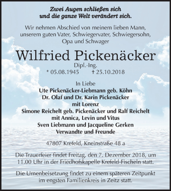Traueranzeige von Wilfried Pickenäcker von Mitteldeutsche Zeitung Zeitz