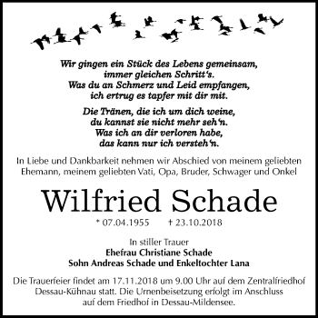 Traueranzeige von Wilfried Schade von Mitteldeutsche Zeitung Dessau-Roßlau