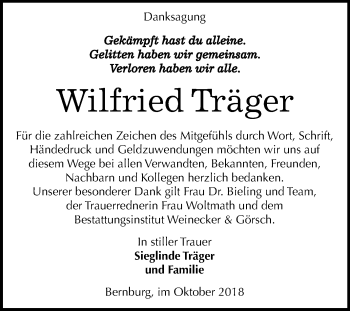 Traueranzeige von Wilfried Träger von Mitteldeutsche Zeitung Bernburg