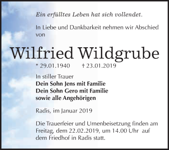 Traueranzeige von Wilfried Wildgrube von WVG - Wochenspiegel Wittenberg