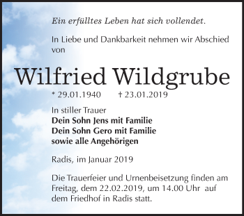 Traueranzeige von Wilfried Wildgrube von Mitteldeutsche Zeitung