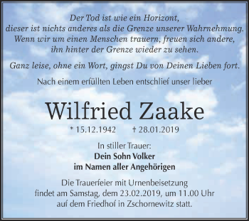 Traueranzeige von Wilfried Zaake von WVG - Wochenspiegel Dessau / Köthen