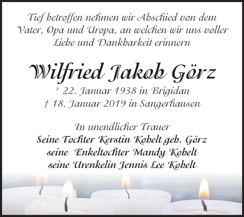  Traueranzeige für Wilfried Jakob Görz vom 05.02.2019 aus Mitteldeutsche Zeitung Sangerhausen