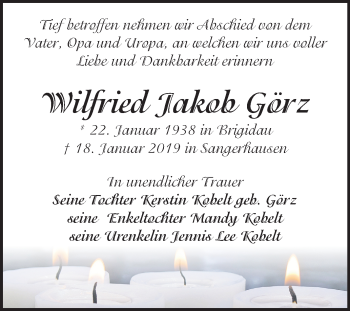 Traueranzeige von Wilfried Jakob Görz von Mitteldeutsche Zeitung Sangerhausen