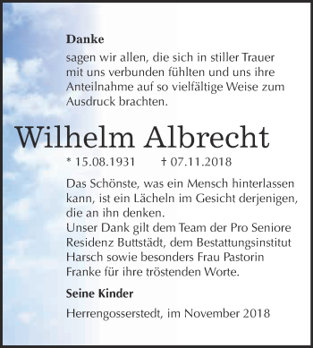 Traueranzeige von Wilhelm Albrecht von WVG - Wochenspiegel NMB / WSF / ZTZ