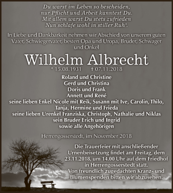 Traueranzeige von Wilhelm Albrecht von WVG - Wochenspiegel NMB / WSF / ZTZ