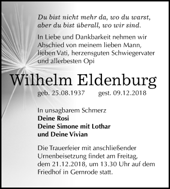 Traueranzeige von Wilhelm Eldenburg von Mitteldeutsche Zeitung Quedlinburg