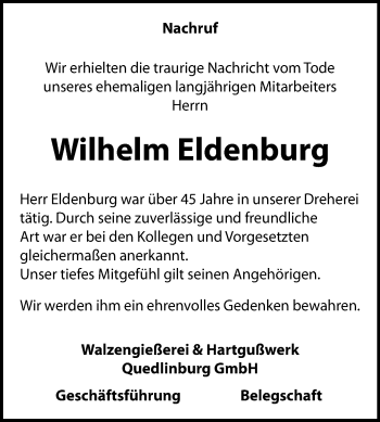 Traueranzeige von Wilhelm Eldenburg von Mitteldeutsche Zeitung Quedlinburg