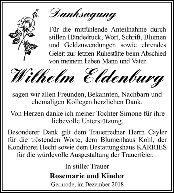 Traueranzeige von Wilhelm Eldenburg von Mitteldeutsche Zeitung Quedlinburg