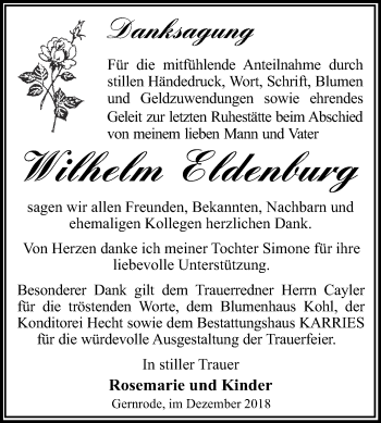 Traueranzeige von Wilhelm Eldenburg von WVG - Wochenspiegel Quedlinburg