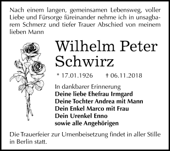 Traueranzeige von Wilhelm Peter Schwirz von Mitteldeutsche Zeitung Aschersleben