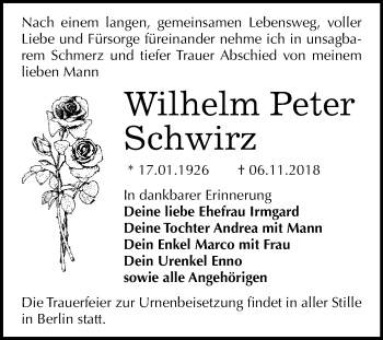 Traueranzeige von Wilhelm Peter Schwirz von Wochenspiegel Mansfelder Land