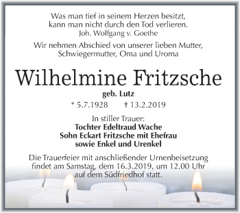 Traueranzeige von Wilhelmine Fritzsche von Mitteldeutsche Zeitung Halle/Saalkreis