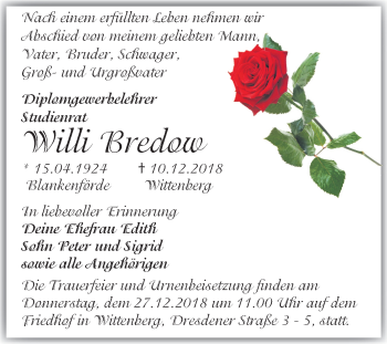 Traueranzeige von Willi Bredow von Mitteldeutsche Zeitung Wittenberg