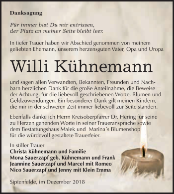 Traueranzeige von Willi Kühnemann von WVG - Wochenspiegel Quedlinburg