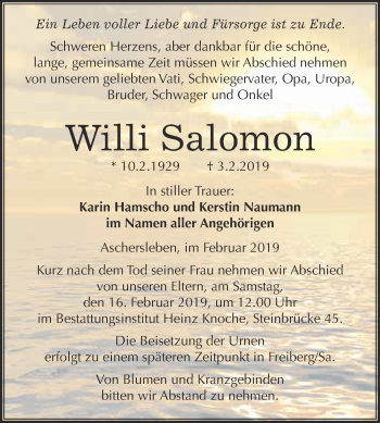 Traueranzeige von Willi Salomon von Super Sonntag Aschersleben