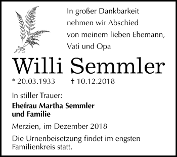 Traueranzeige von Willi Semmler von Mitteldeutsche Zeitung Köthen