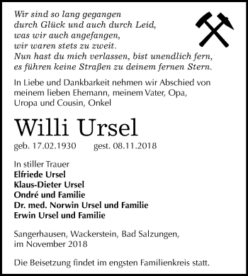 Traueranzeige von Willi Ursel von Mitteldeutsche Zeitung Sangerhausen