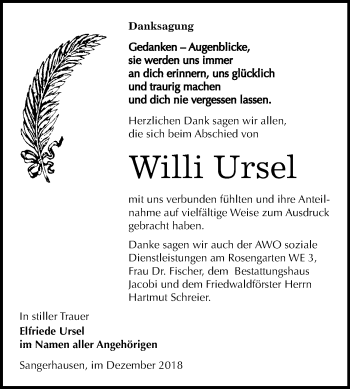 Traueranzeige von Willi Ursel von Mitteldeutsche Zeitung Sangerhausen