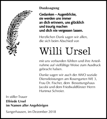 Traueranzeige von Willi Ursel von Super Sonntag SGH Mansf. Land
