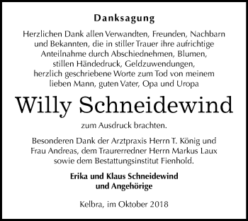 Traueranzeige von Willy Schneidewind von Mitteldeutsche Zeitung Sangerhausen
