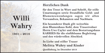 Traueranzeige von Willy Wahry von Mitteldeutsche Zeitung Quedlinburg