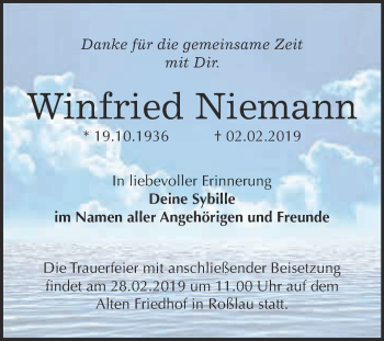 Traueranzeige von Winfried Niemann von WVG - Wochenspiegel Dessau / Köthen