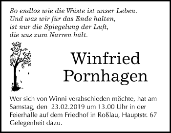 Traueranzeige von Winfried Pornhagen von WVG - Wochenspiegel Dessau / Köthen