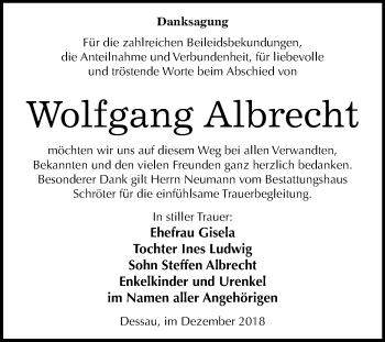 Traueranzeige von Wolfgang Albrecht von Mitteldeutsche Zeitung Dessau-Roßlau