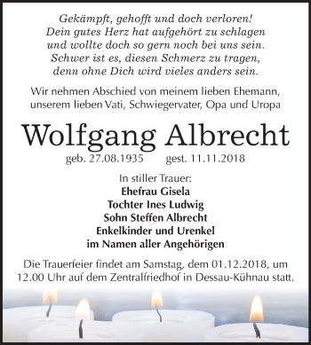 Traueranzeige von Wolfgang Albrecht von Mitteldeutsche Zeitung Dessau-Roßlau