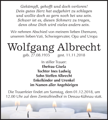 Traueranzeige von Wolfgang Albrecht von Mitteldeutsche Zeitung Bitterfeld