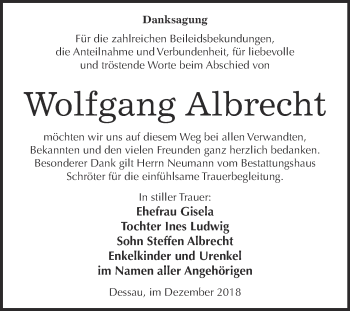Traueranzeige von Wolfgang Albrecht von WVG - Wochenspiegel Bitterfeld