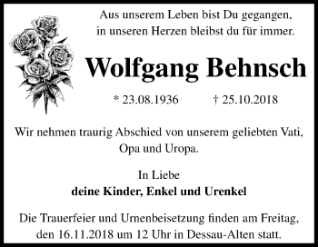 Traueranzeige von Wolfgang Behnsch von Mitteldeutsche Zeitung Dessau-Roßlau