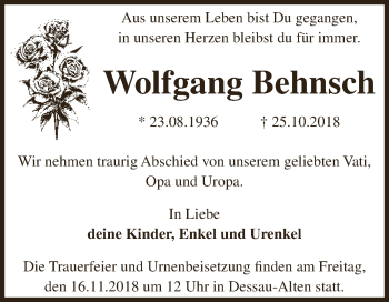 Traueranzeige von Wolfgang Behnsch von WVG - Wochenspiegel Dessau / Köthen