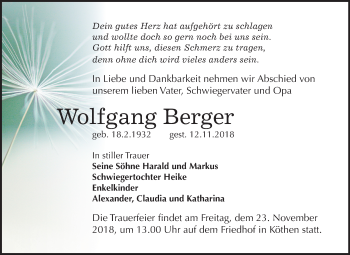 Traueranzeige von Wolfgang Berger von Mitteldeutsche Zeitung Köthen
