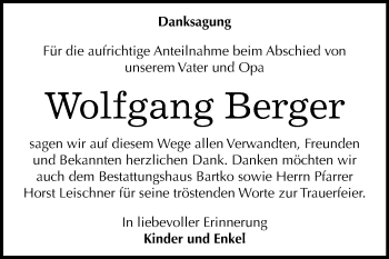 Traueranzeige von Wolfgang Berger von Mitteldeutsche Zeitung Köthen