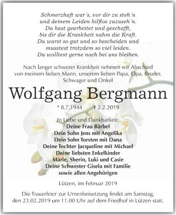 Traueranzeige von Wolfgang Bergmann von Super Sonntag Merseburg