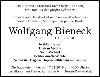 Traueranzeige von Wolfgang Bieneck von Mitteldeutsche Zeitung Dessau-Roßlau