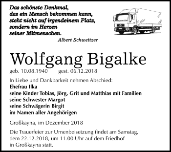 Traueranzeige von Wolfgang Bigalke von Mitteldeutsche Zeitung Merseburg/Querfurt