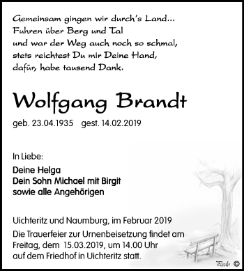 Traueranzeige von Wolfgang Brandt von Mitteldeutsche Zeitung Weißenfels